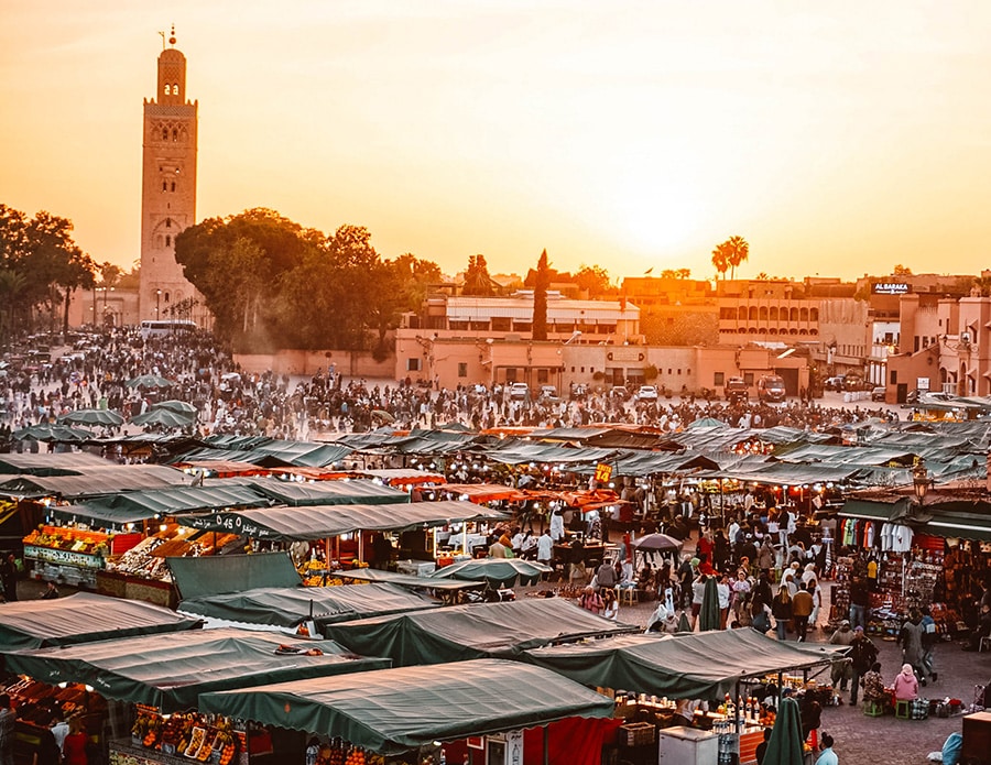 Sunset over the busy Jemaâ El Fna Market