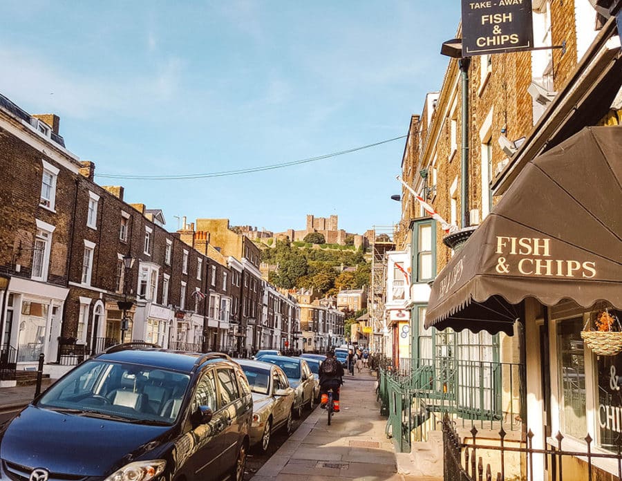 A view of Dover Castle from the town centre of Dover