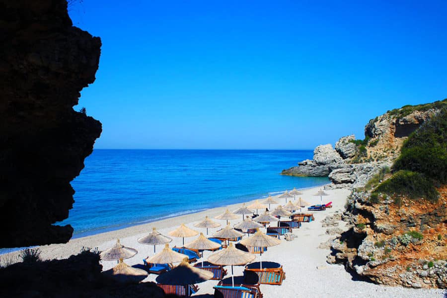 Visit the stunning Drymades Beach while driving through Albania