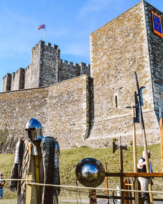 A view of the Great Tower and a knight in shining armor at Dover Castle