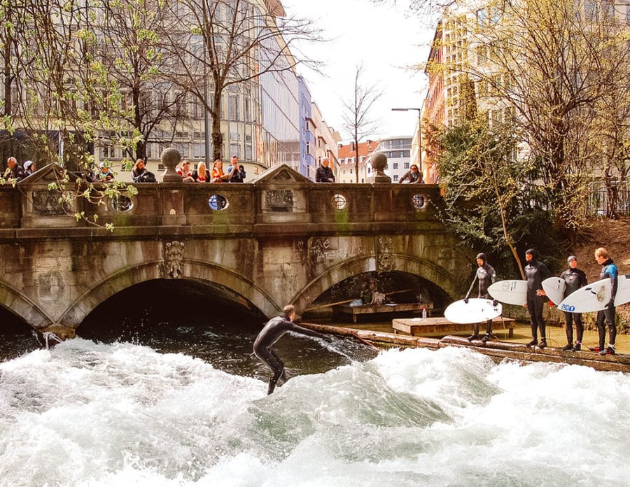 Surfers at the Eisbach River in the Englischer Garten Munich