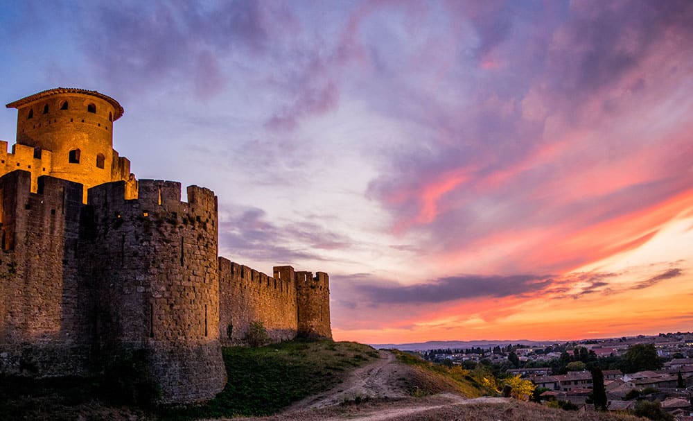 Sunset over the city of Carcassonne, France