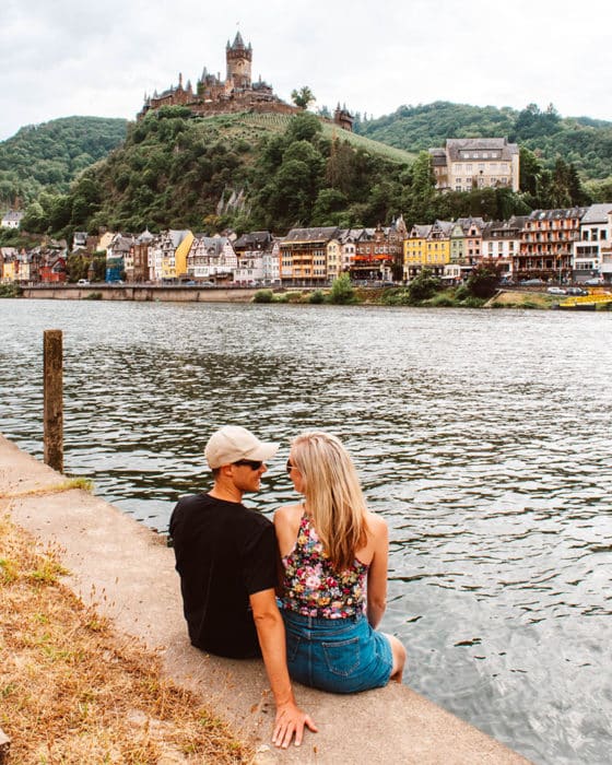 Enjoying the view of Cochem Castle from the river bank