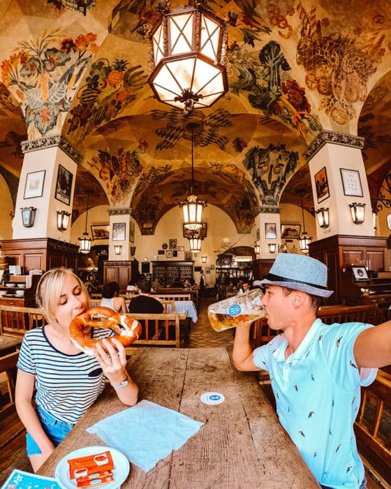 Steins and pretzels at the Hofbrauhaus Munich