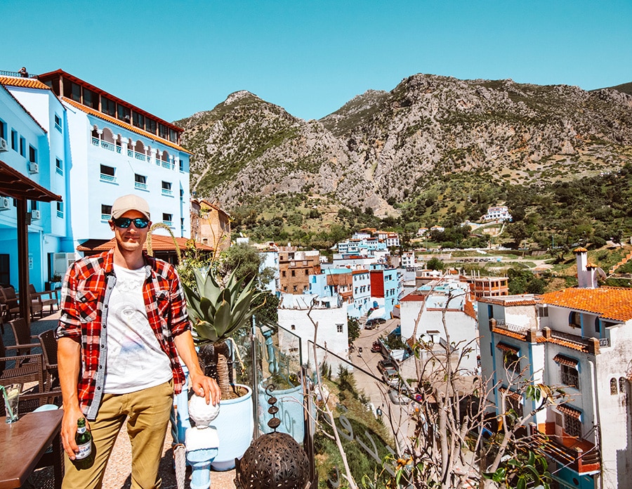 Having a beer at hotel Parador in Chefchaouen Morocco