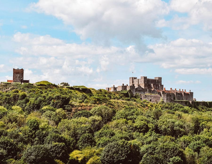 A beautiful view of Dover Castle from the path up to the white cliffs